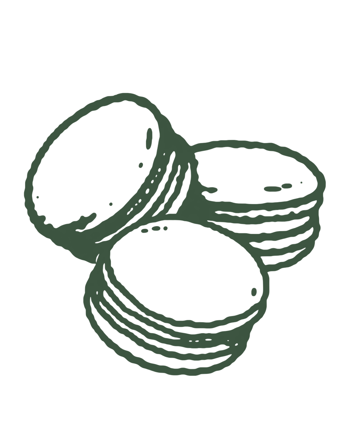 Three forest-green hand-drawn stencil macarons arranged in a close cluster